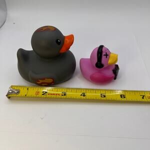 Lot of 2 Rubber Ducks Gray Infantino w Flames and pink Xbox Duck